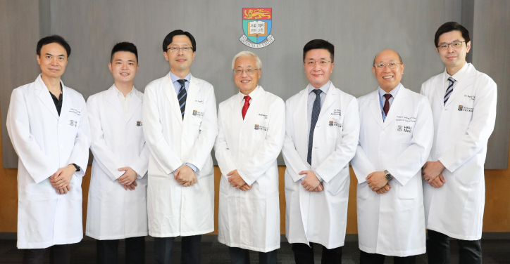 Members of HKUMed research team (from left) Professor Ian Wong Chi-kei, Lo Shiu Kwan Kan Po Ling Professorship in Pharmacy, Professor and Head of Department of Pharmacology and Pharmacy; Dr Gilbert T Chua, Honorary Tutor, Department of Paediatrics and Adolescent Medicine; Dr Kenneth Wong Kak-yuen, Clinical Associate Professor, Chief of Division of Paediatric Surgery, Department of Surgery; Professor Paul Tam Kwong-hang, Li Shu-Pui Professor in Surgery, Director of Dr Li Dak-Sum Research Centre and Chair Professor of Paediatric Surgery, Department of Surgery; Dr Patrick Ip, Clinical Associate Professor, Department of Paediatrics and Adolescent Medicine; Professor Godfrey Chan Chi-fung, Tsao Yen-Chow Professorship in Paediatrics and Adolescent Medicine, Clinical Professor and Head of Department of Paediatrics and Adolescent Medicine and Dr Patrick Chung Ho-yu, Clinical Assistant Professor, Department of Surgery.